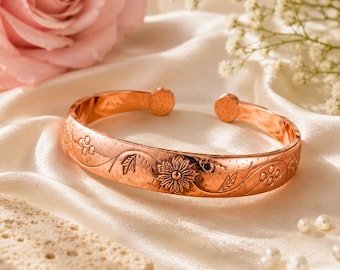 Pure Copper Bracelet for Women, Floral Copper Cuff Bracelet, Adjustable Copper Bangle, Flower Bracelet, Copper Jewellery, Gift for Her