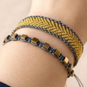 Gold Macrame Bracelet Set, Waterproof Adjustable Bracelet, Hematite Jewelry, Minimalist Boho Bracelet, Gift for Her, Handmade Jewelry
