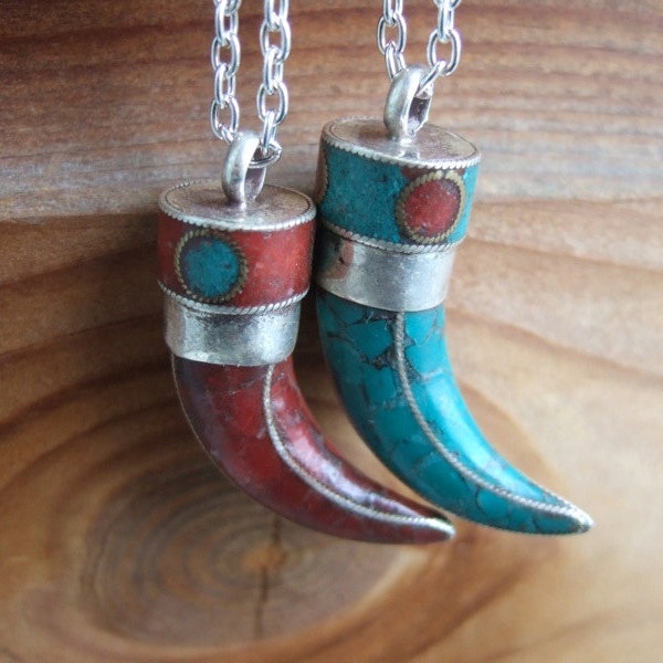Sale / Red or Turquoise  Tibetan Tooth Necklace
