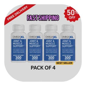 May include: Four white bottles of OMEGA XL Joint & Muscle Support soft-gels. Each bottle has a blue label with white text. The bottles are labeled as a dietary supplement with 300 soft-gels. The image includes text that says "Pack of 4" and "Best Seller".
