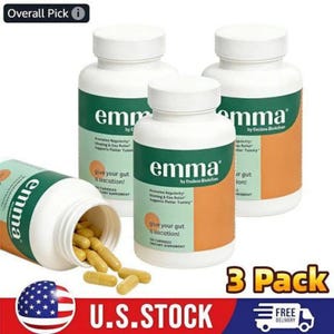 May include: Three white supplement bottles with green and orange labels, one bottle is tipped over with yellow capsules spilling out. The bottles are labeled "emma" and "give your gut a vacation!" The image includes a "3 Pack" graphic and a U.S. flag.