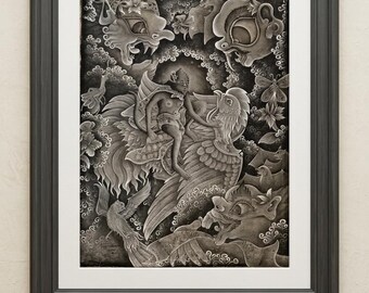 Vintage Balinese Batuan Painting – Hanuman Jatayu Ramayana Ink Canvas Folk Art (Grey Tone)