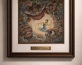 Vintage 1990s Balinese Painting by I Wayan Sumerja - "Shinta in Argasoka Garden" - Original Ink on Canvas - Padang Tegal, Ubud Art