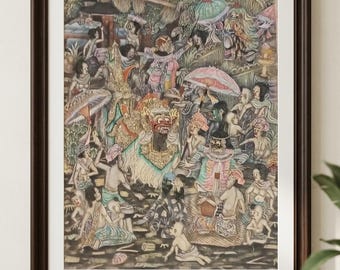 Mesmerizing Balinese Calonarang Performance: Original 1990s Ink Painting on Canvas
