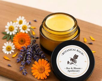 Può includere: Un barattolo di balsamo botanico giallo con coperchio nero, con un'illustrazione di un'ape e la scritta "Botanical Balm". Il balsamo è circondato da fiori di calendula arancioni, margherite bianche e rametti di lavanda viola.