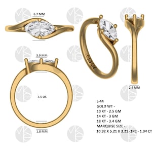Peut inclure: Une bague en or avec une pierre centrale taille marquise fixée par quatre griffes sur un anneau croisé. Les spécifications techniques incluent une longueur de pierre de 6,7 mm, une largeur de 3,9 mm, une largeur d'anneau de 2,4 mm et 1,8 mm d'épaisseur.