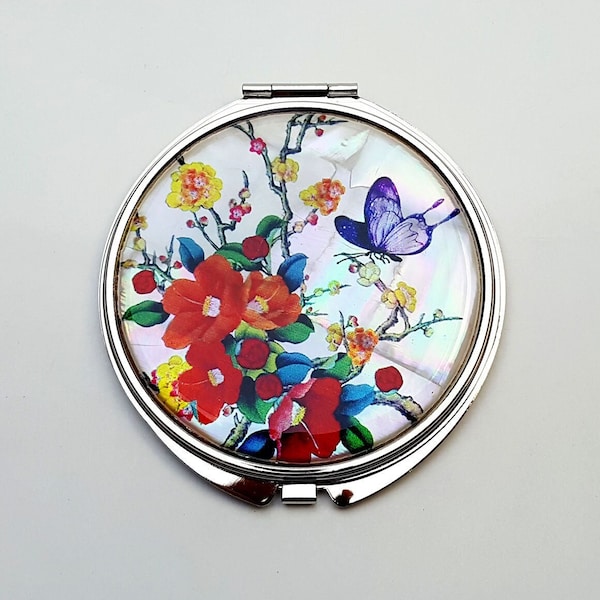 Camellia and Butterfly Mother of Pearl Magnifying Compact Mirror for Purses