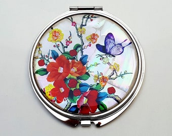 Camellia and Butterfly Mother of Pearl Magnifying Compact Mirror for Purses