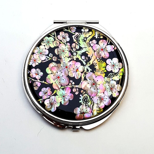 Plum Flower Mother of Pearl Magnifying Compact Mirror for Purses