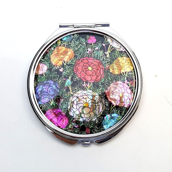 Peonies Design Mother of Pearl Magnifying Compact Mirror for Purses