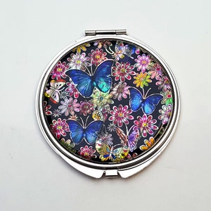 Blue Butterfly Mother of Pearl Magnifying Compact Mirror for Purses