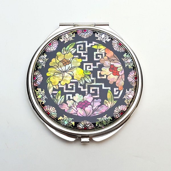 Inlaid Peony Mother of Pearl Magnifying Compact Mirror for Purses