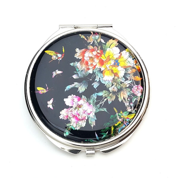 Peony Design Mother of Pearl Magnifying Compact Mirror for Purses