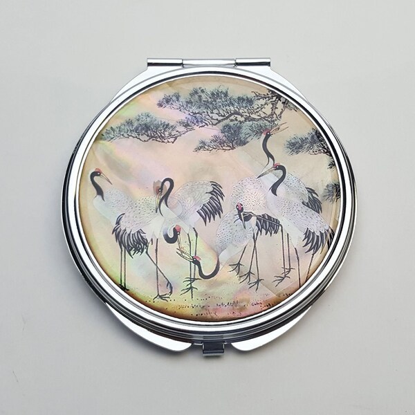 Flock of Cranes Pattern Mother of Pearl Magnifying Compact Mirror for Purses