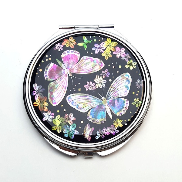 Flower and Butterfly Mother of Pearl Magnifying Compact Mirror for Purses