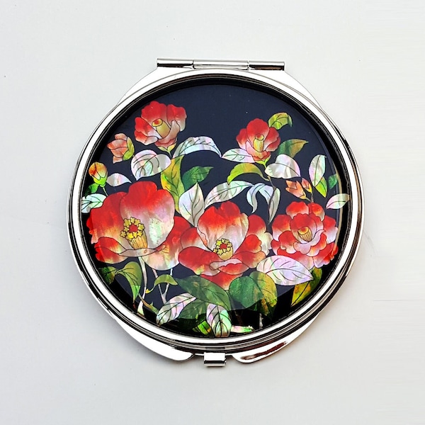 Camellia Mother of Pearl Magnifying Compact Mirror for Purses