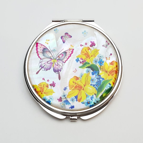 Freesia Design Mother of Pearl Magnifying Compact Mirror for Purses