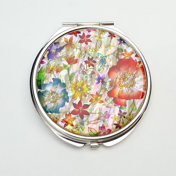 Flowers Design Mother of Pearl Magnifying Compact Mirror for Purses