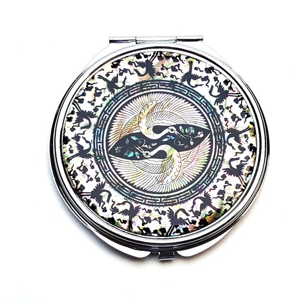 A Couple of Cranes Mother of Pearl Magnifying Compact Mirror for Purses