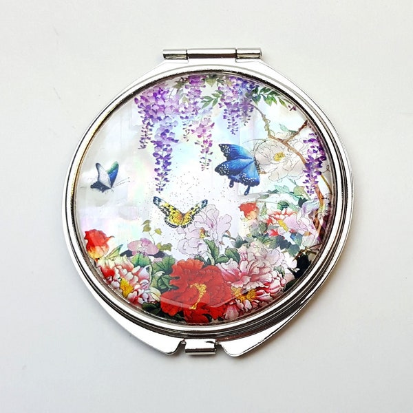 Mother of Pearl Butterfly Garden 2-Sided Cosmetic Pocket Mirror with Magnifier