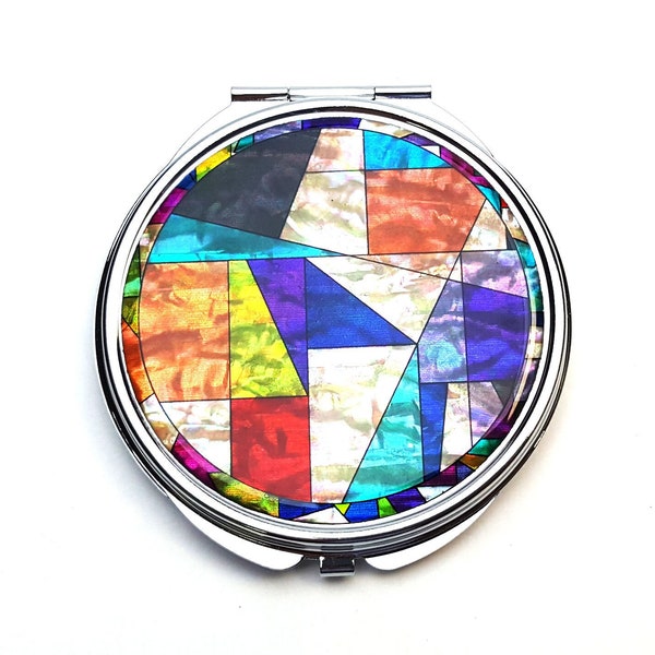 Korean Cloth Quilt Pattern Mother of Pearl Magnifying Compact Mirror for Purses