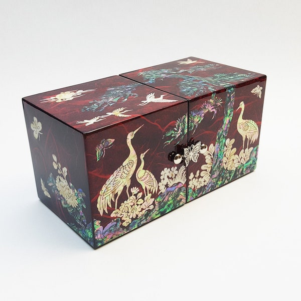 Traditional Korean Najeon Chilgi Crane Pine Tree Folding Jewelry Box