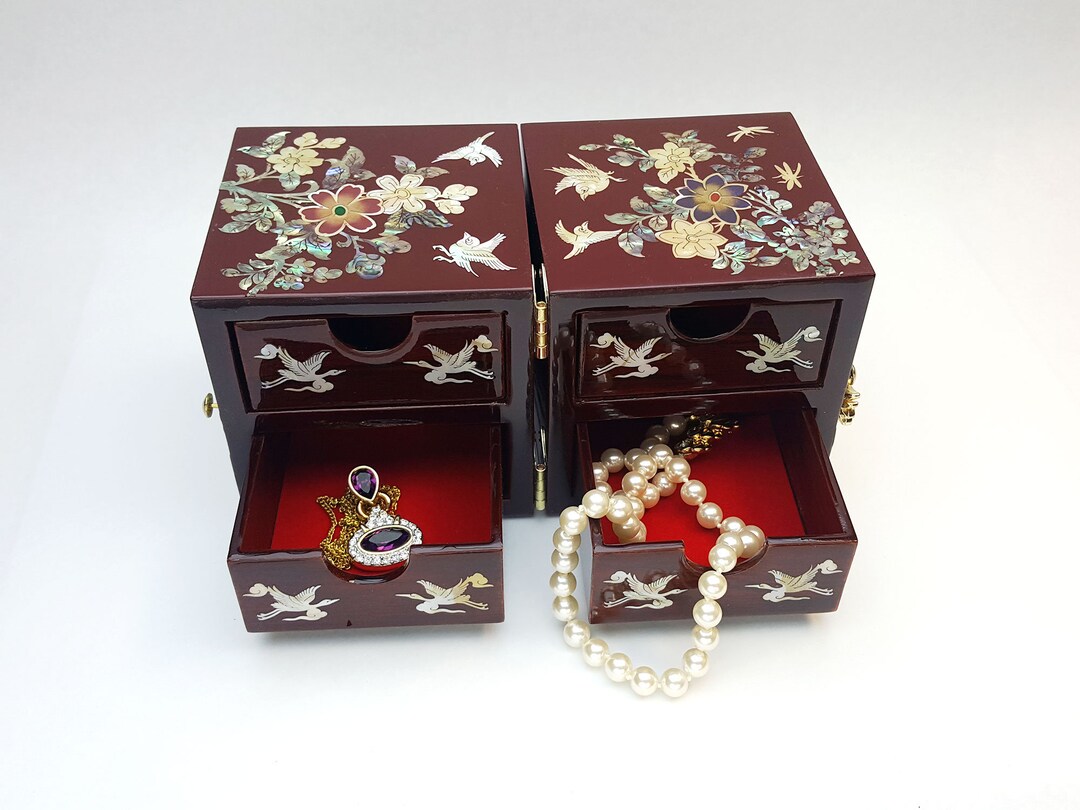 Large Folding Jewelry Box With 4 Drawers Flowers and Birds Etsy