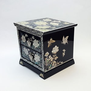 Black Najeon Chilgi 2 Drawer Jewel Box Traditional Korean Mother of Pearl