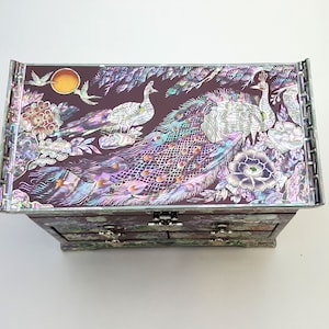 Peacock Traditional Korean Burgundy Jewelry Box 4 Drawers with Mirror