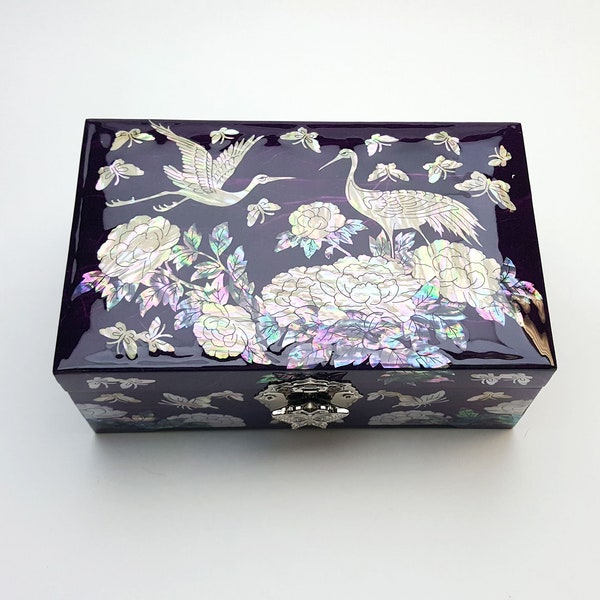 Traditional Korean Purple Najeon Chilgi Jewelry Box with Mirror Cranes