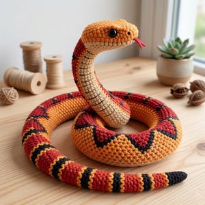 May include: A crocheted snake toy in shades of orange, red, and black, with a tan underbelly and a red tongue. The snake is coiled, with its head raised. The eyes are black. The background includes wooden spools and a small potted plant.