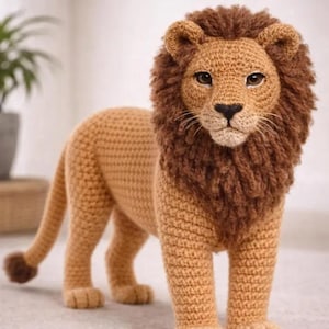 Könnte beinhalten: Ein handgehäkelter Löwe in stehender Pose. Der Löwe hat einen beigefarbenen Körper, eine braune Mähne und detaillierte Gesichtszüge. Die Häkelarbeit ist sichtbar und zeigt die Textur und Handwerkskunst des Plüschtiers. Der Löwenschwanz ist geringelt.