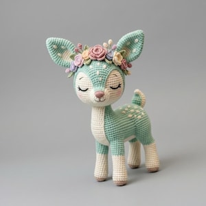 Pode incluir: Uma figura de veado em croché nas cores verde menta e creme, com uma coroa de flores em tons pastel de rosa, amarelo e lavanda. O veado tem olhos fechados, pestanas bordadas e manchas brancas nas costas e orelhas, apoiado sobre quatro patas.