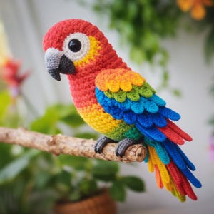 May include: A colorful, handmade crochet parrot perched on a wooden branch. The bird features vibrant red, orange, yellow, green, and blue plumage. It has a black beak, gray head, and large, expressive eyes. The parrot is a whimsical, decorative item.