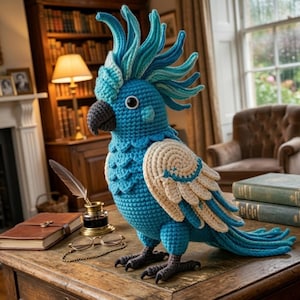 Pode incluir: Um grande papagaio de crochê feito à mão, em tons de azul, turquesa e creme. A ave tem uma crista, asas e cauda detalhadas. Está pousado numa mesa de madeira, mostrando o seu design intrincado e artesanato. Os pés do papagaio são cinza escuro.