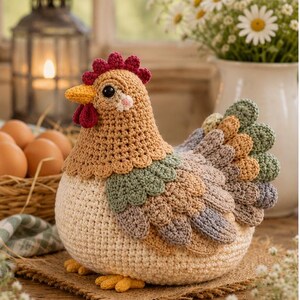 Può includere: Una statuetta di gallina all'uncinetto con corpo color marrone chiaro, cresta e bargigli rosso vivo, becco giallo e piume d'ala stratificate in tonalità verde salvia, marrone chiaro e grigio tenue. Il pupazzo ha un corpo rotondo e occhi neri.
