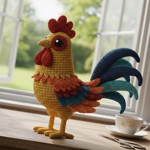 Puede incluir: Una figura de gallo de ganchillo hecha a mano en tonos amarillo, naranja, rojo y azul. El gallo tiene una cresta, barbilla y plumas de la cola detalladas. Está sobre una superficie de madera cerca de una ventana, con una taza y tijeras en el fondo.