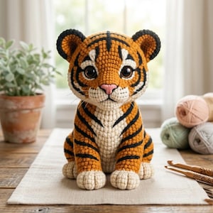 May include: A handmade crochet tiger cub with orange, black, and cream colors. The tiger has large, expressive eyes, a pink nose, and black stripes. It is sitting on a neutral-colored surface, with yarn and crochet hooks in the background.