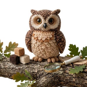 Peut inclure: Une figurine de hibou crochetée à la main, avec de grands yeux expressifs, perchée sur une branche en bois texturée. À côté du hibou, trois petits cubes tricotés de couleurs marron et beige. Une petite loupe avec un manche blanc repose sur la branche.