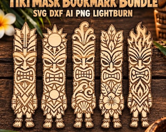 Tiki Mask Bookmark Bundle SVG DXF Ai PNG | 5 Polynesian Tribal Laser Cut Designs