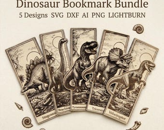 Dinosaur Bookmark Bundle 5 Designs SVG DXF Ai PNG LightBurn Laser Engraving Files