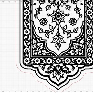 May include: A black and white graphic design featuring a symmetrical floral pattern enclosed within a decorative border. The central motif consists of intricate blossoms and leaves, framed by a rectangular shape with a pointed, arched bottom edge.