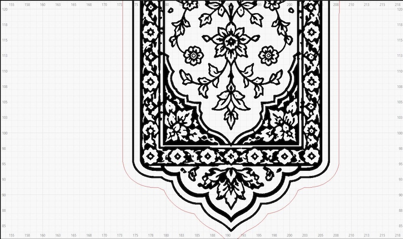 May include: A black and white graphic design featuring a symmetrical floral pattern enclosed within a decorative border. The central motif consists of intricate blossoms and leaves, framed by a rectangular shape with a pointed, arched bottom edge.