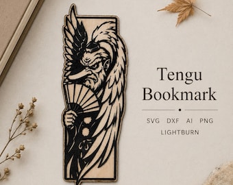 Tengu Bookmark SVG DXF Ai PNG LightBurn | Japanese Mountain Spirit Laser Cut Bookmark Design
