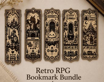 Retro RPG Bookmark Bundle SVG DXF Ai Lightburn, 5 Pixel Fantasy Laser Cut Designs