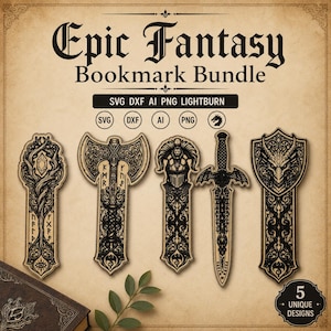 May include: A digital graphic featuring the text Epic Fantasy Bookmark Bundle and five intricate black line art designs of fantasy weapons and artefacts, including a staff, axe, helmet, sword, and shield, all with detailed scrollwork and runes.