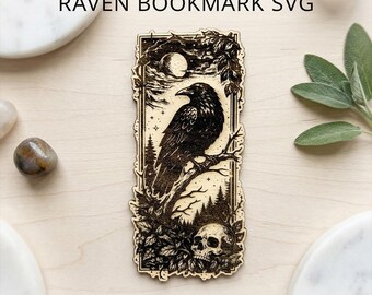 Raven Bookmark SVG, Gothic Floral Bird Laser Engraving File, DXF PNG LightBurn