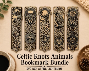 Celtic Knots Animals Bookmark Bundle (SVG, DXF, AI, Lightburn, Png), Wolf, Stag, Raven, Bear