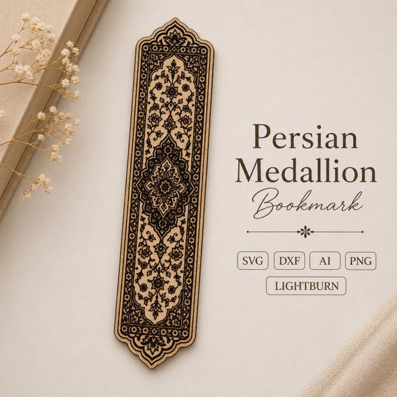 Persian Medallion Bookmark Laser Cut File, Rug Inspired Wood Engraving (svg, dxf, ai, png)