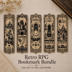 Retro RPG Bookmark Bundle SVG DXF Ai Lightburn, 5 Pixel Fantasy Laser Cut Designs